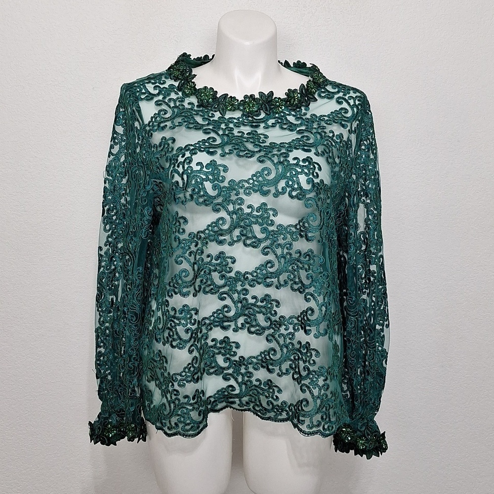 Handmade Green Long Sleeve Mesh Victorian Romantic Embroidered Beaded Blouse L